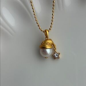 Handmade Gold-Plated Pendant Necklace with Pearls|Santa Necklace|Holiday Jewelry